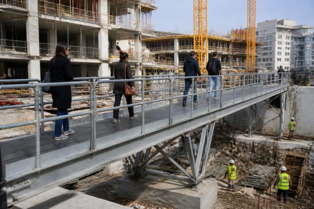 découvrez nos passerelles de chantier sécurisées, conçues pour assurer le passage provisoire des piétons lors des travaux de gros œuvre. solutions fiables et adaptées à tous les chantiers.